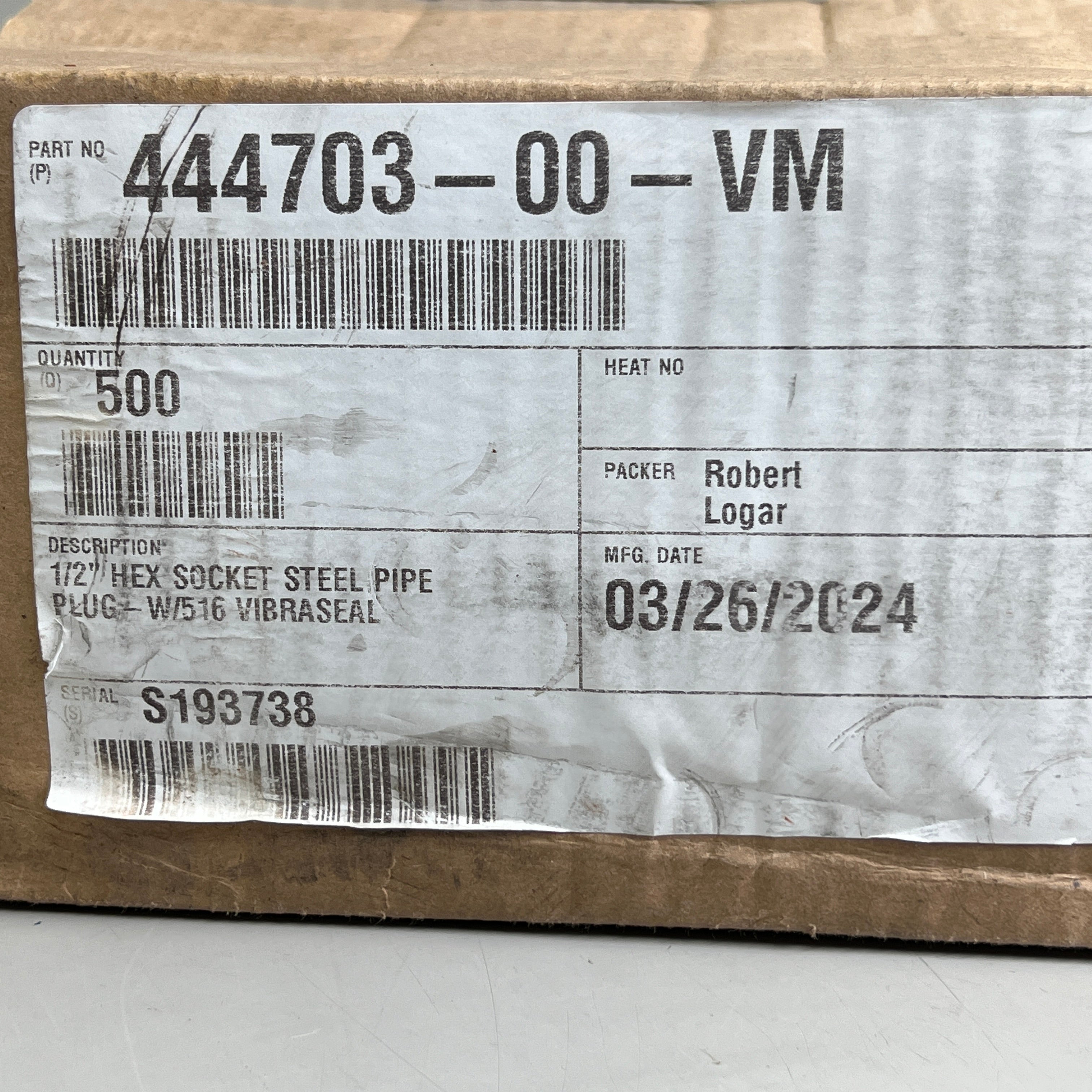 ZA@ (500 Pack) 1/2” Hex Socket Steel Pipe Plug-W/516 Vibraseal (new)