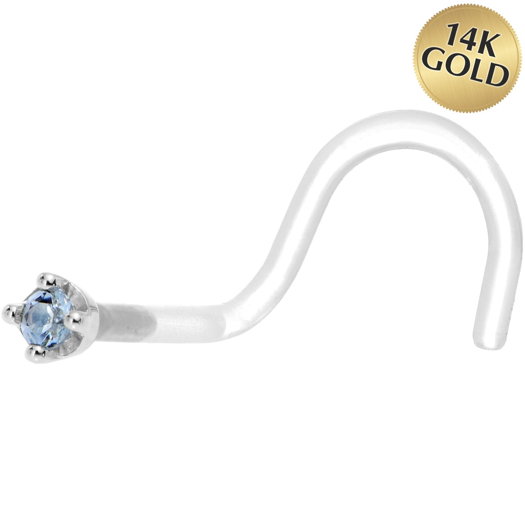 18G 1/4 White Gold 1.5mm Genuine Topaz Bioplast Nose Ring