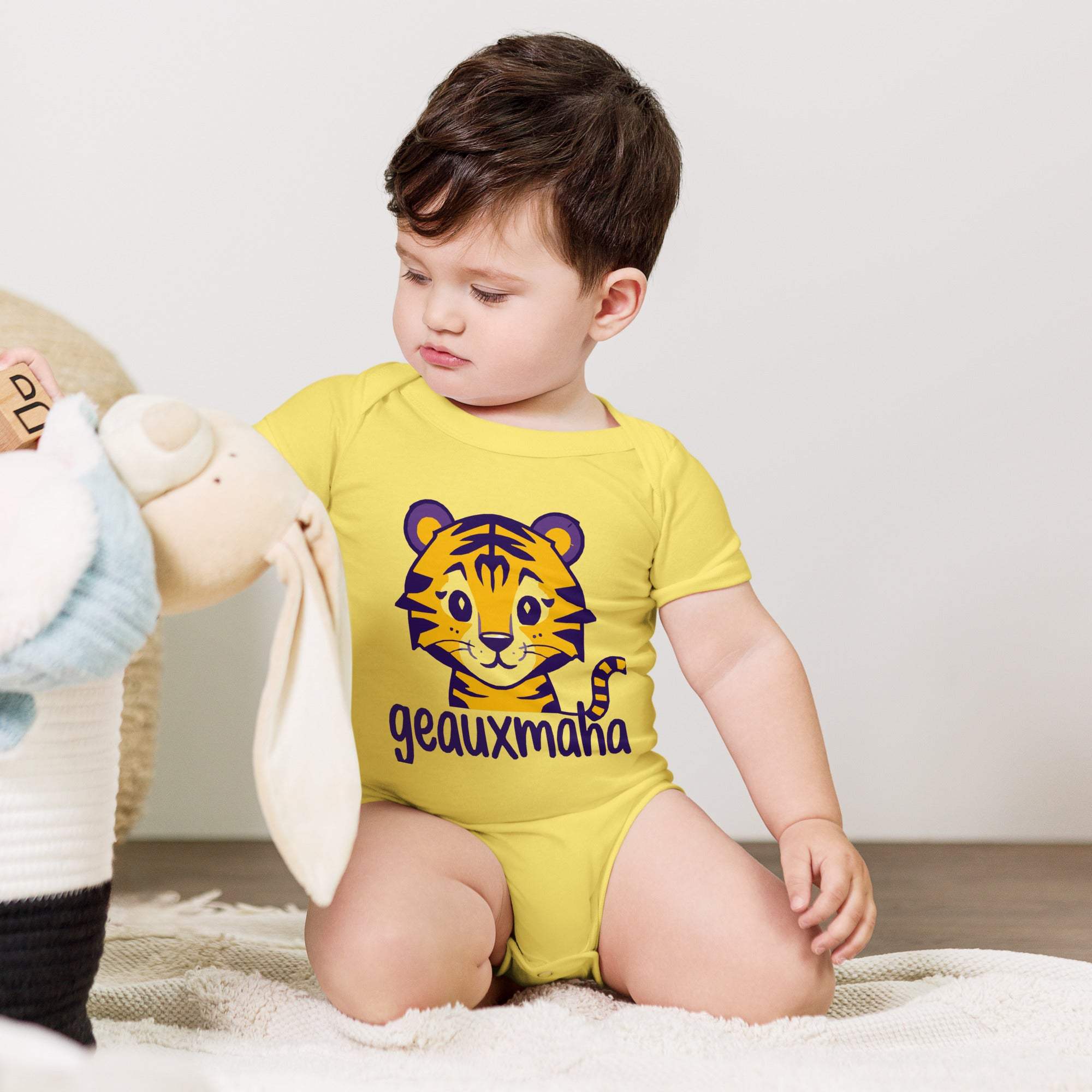 Geauxmaha Tiger Baby Onesie – Purple &amp; Gold