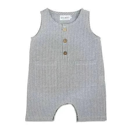 Grey & White Striped Sleeveless Crop Linen Baby Romper