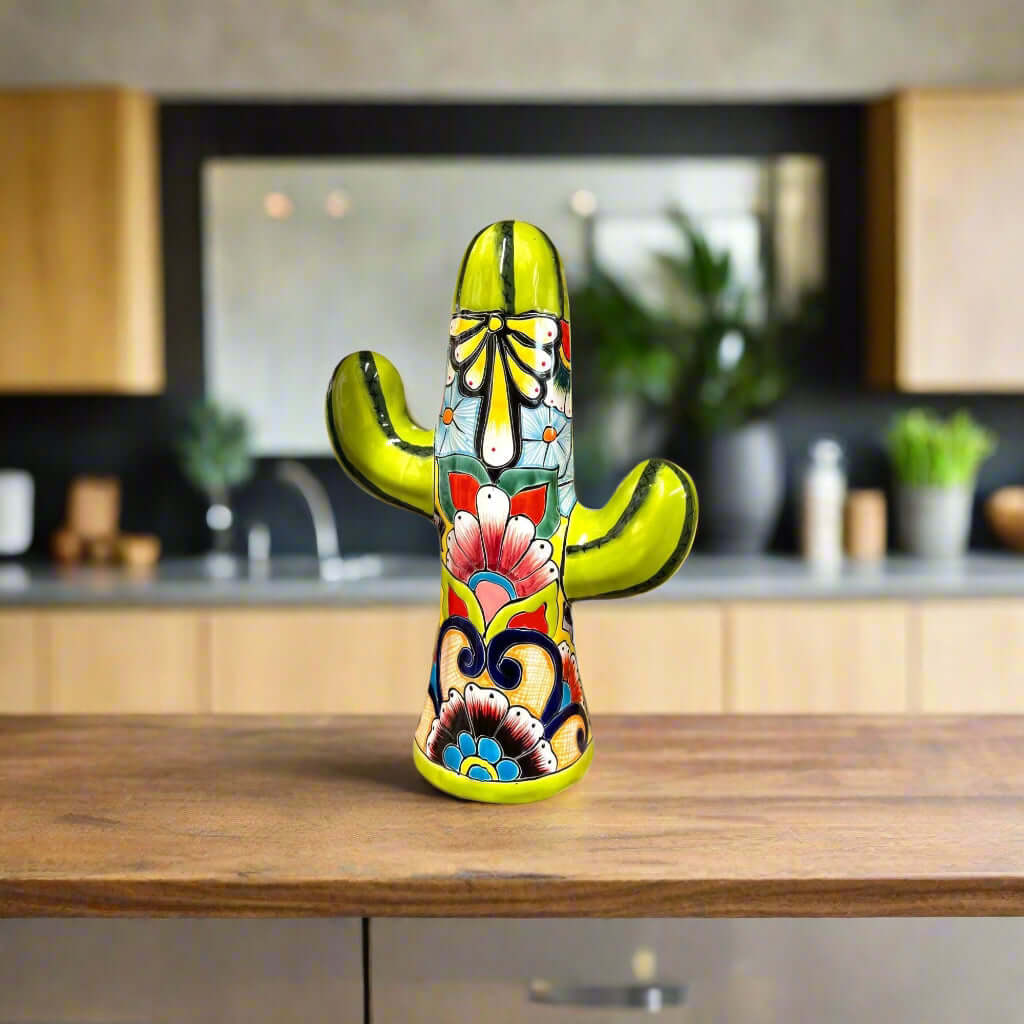 Medium Handmade Talavera Cactus Statue | Colorful Cultural Art