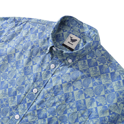 Blue Hand Painted Specimen Print 100% Cotton Button-down Shirt By Amy