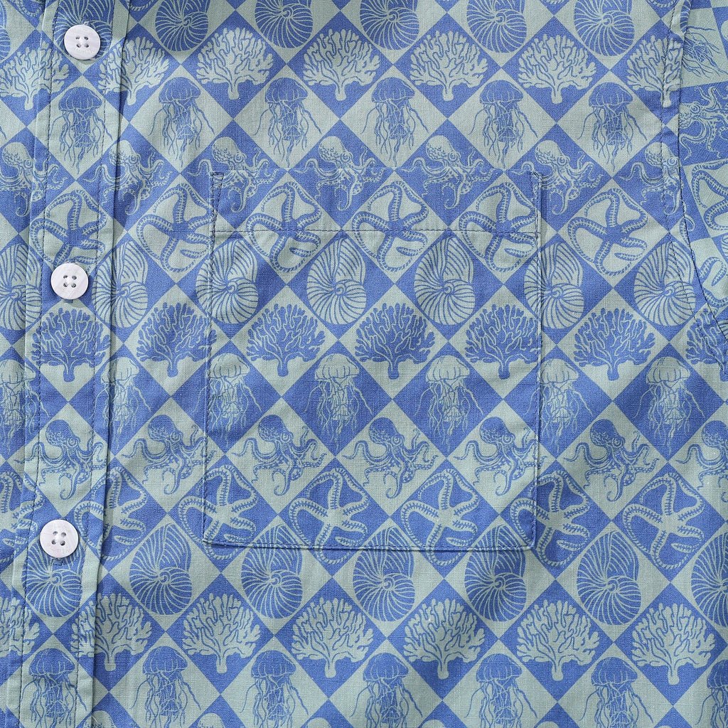 Blue Hand Painted Specimen Print 100% Cotton Button-down Shirt By Amy