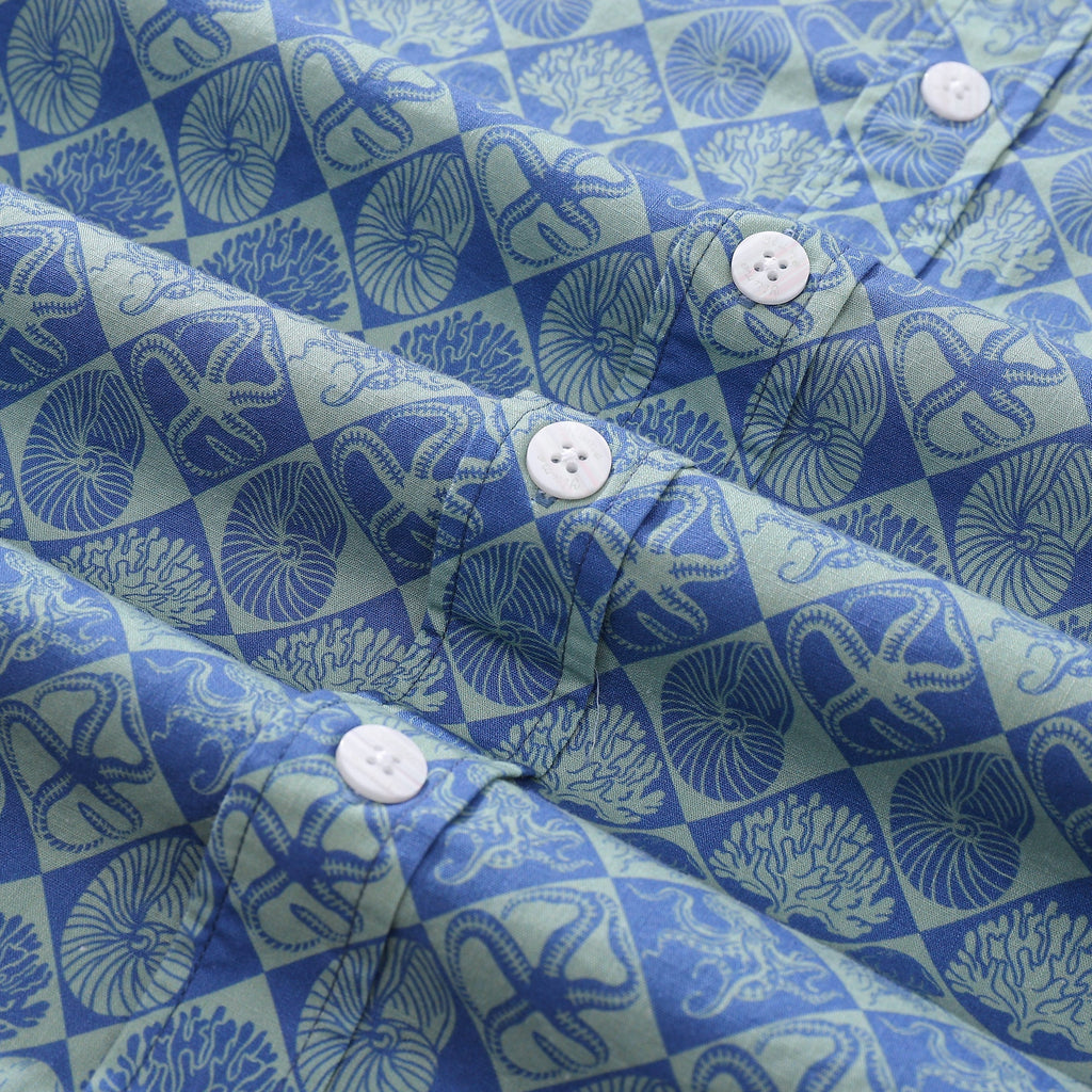 Blue Hand Painted Specimen Print 100% Cotton Button-down Shirt By Amy