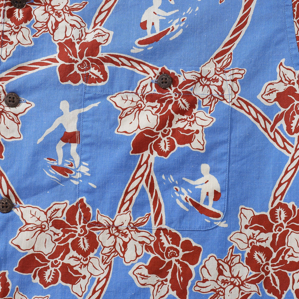 Hawaiian Shirts For Men Vintage Cotton Flower Wreath and Surfer Short Sleeve Aloha Shirt By Evan