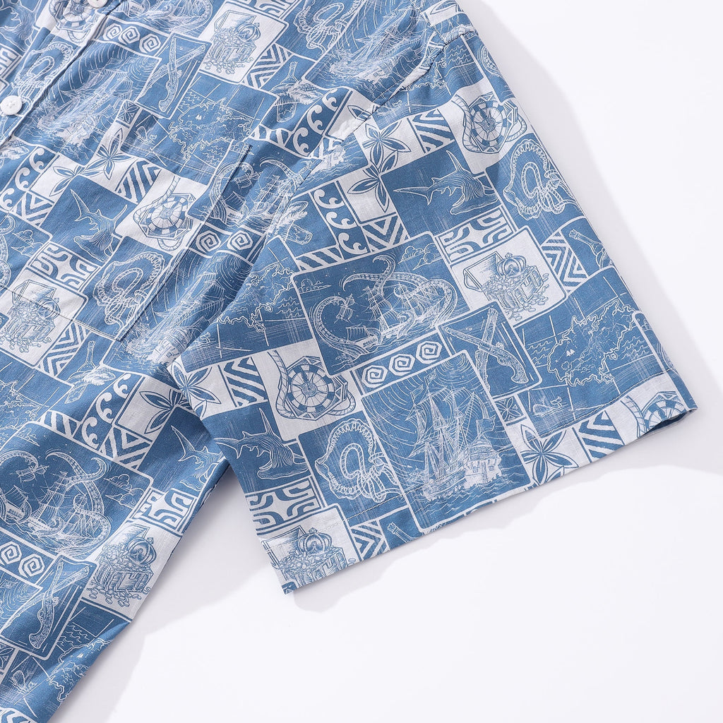 Men's Hawaiian Shirt Pirate Adventure Print Cotton Button-down Short Sleeve Aloha Shirt By Sun