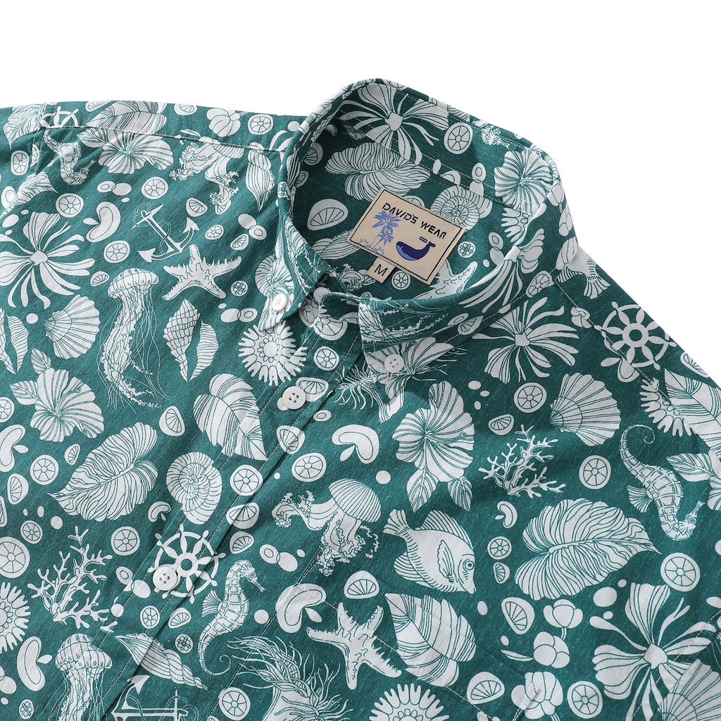 Men's Hawaiian Shirt Seabed strolling Print Cotton Button-down Short Sleeve Aloha Shirt By Amy