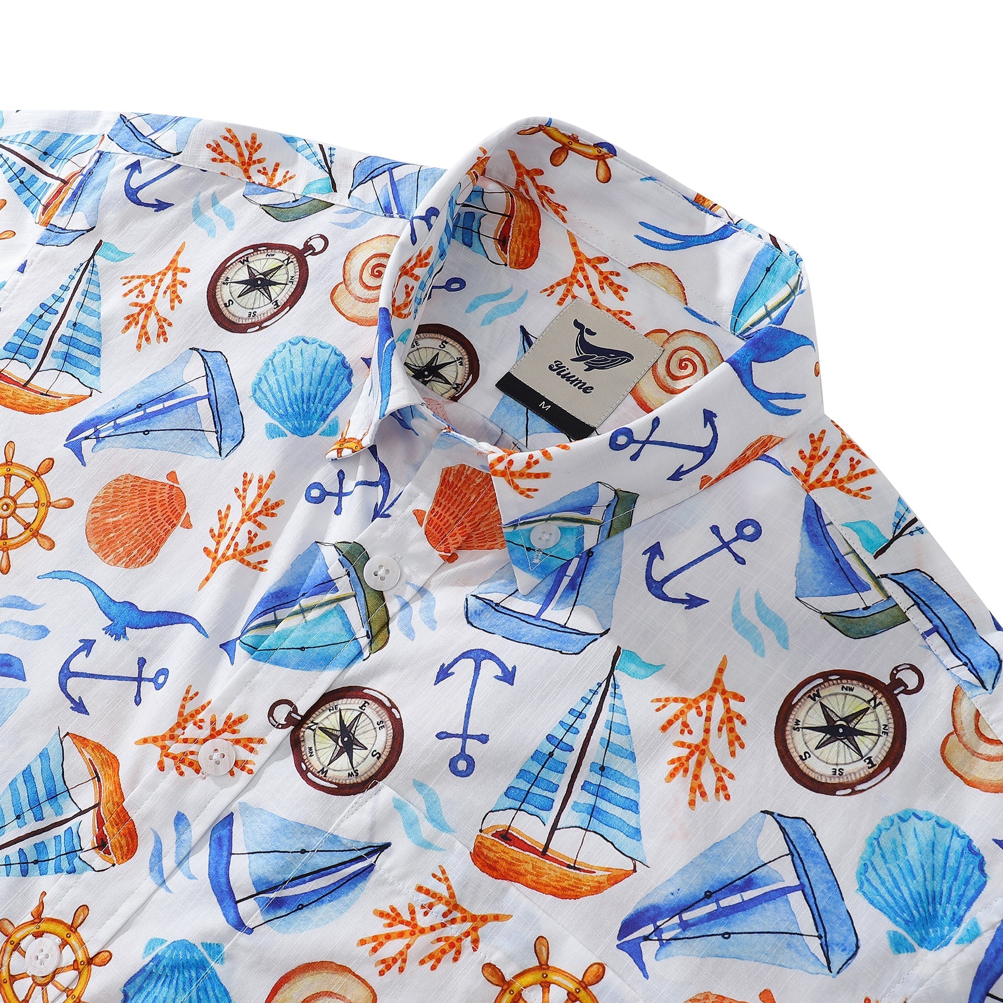 Men's 1970s Vintage Hawaiian Shirt Sailing Adventure Print Cotton Button-down By Julia Madoka