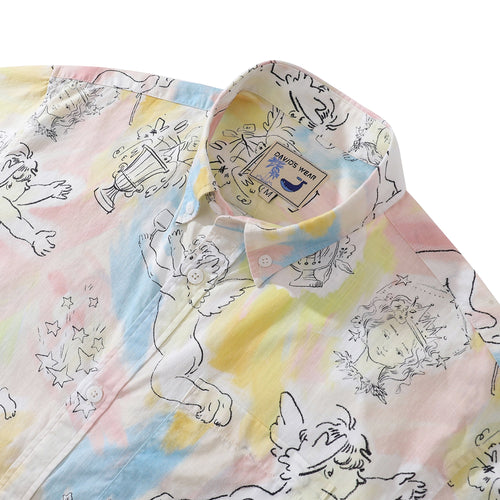 1980s Vintage Men's Hawaiian Shirt Angel's Ball Print Cotton Button-down Short Sleeve Aloha Shirt By Evan