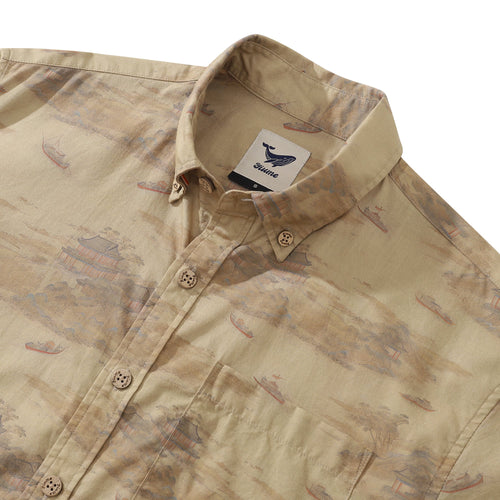 1920s Vintage Men's Hawaiian Shirt Serenity along the Riverbank Cotton Button-down Short Sleeve Aloha Shirt By Cigar