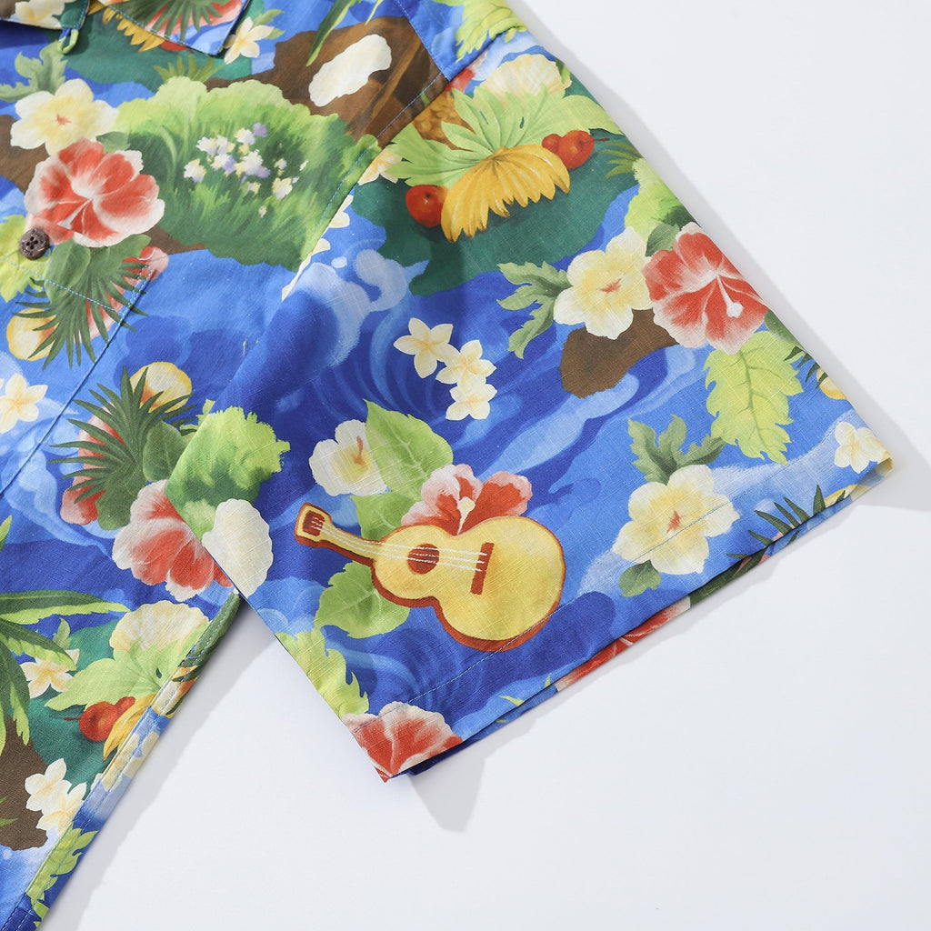 1960s Vintage Hawaiian Shirt For Men Island Folk Song Shirt Camp Collar 100% Cotton By Evan