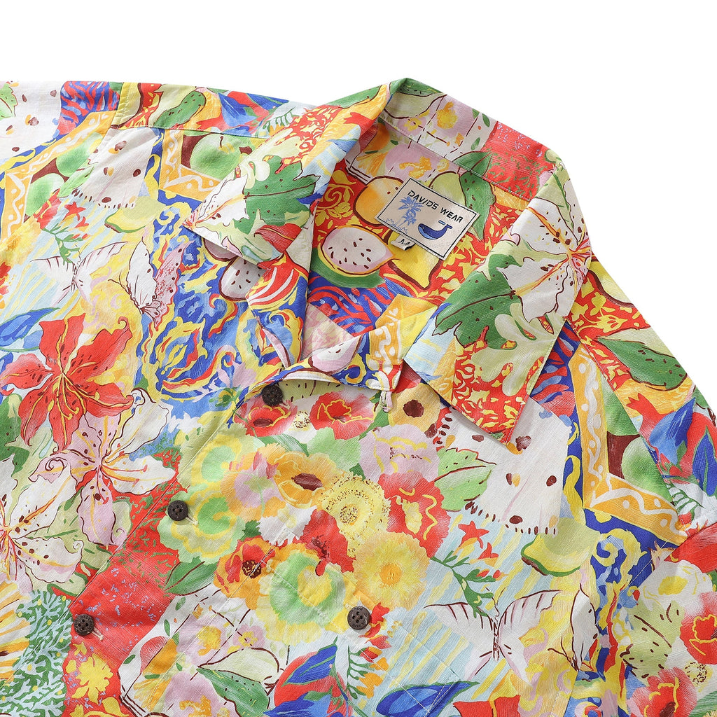1970s Vintage Hawaiian Shirt For Men Flower and Fruit Ocean Shirt Camp Collar 100% Cotton By Sylvia
