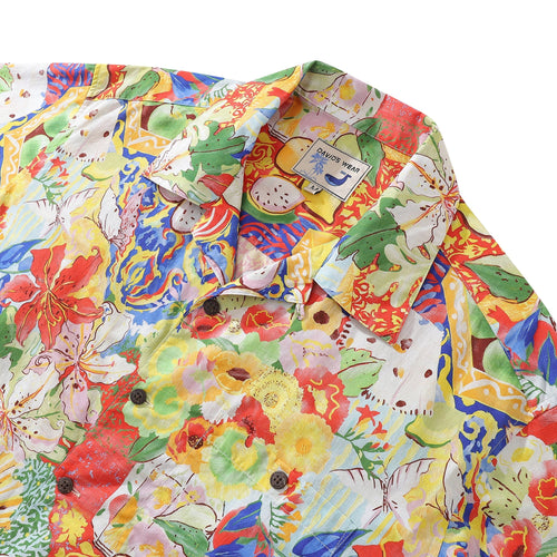 1970s Vintage Hawaiian Shirt For Men Flower and Fruit Ocean Shirt Camp Collar 100% Cotton By Sylvia