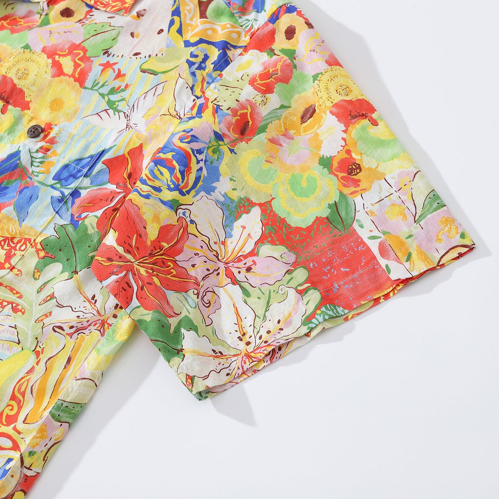 1970s Vintage Hawaiian Shirt For Men Flower and Fruit Ocean Shirt Camp Collar 100% Cotton By Sylvia