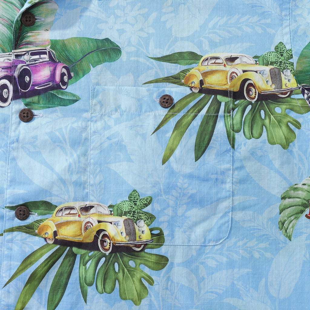Hawaiian Shirt For Men Old-Fashioned Car Shirt Camp Collar 100% Cotton By Sylvia