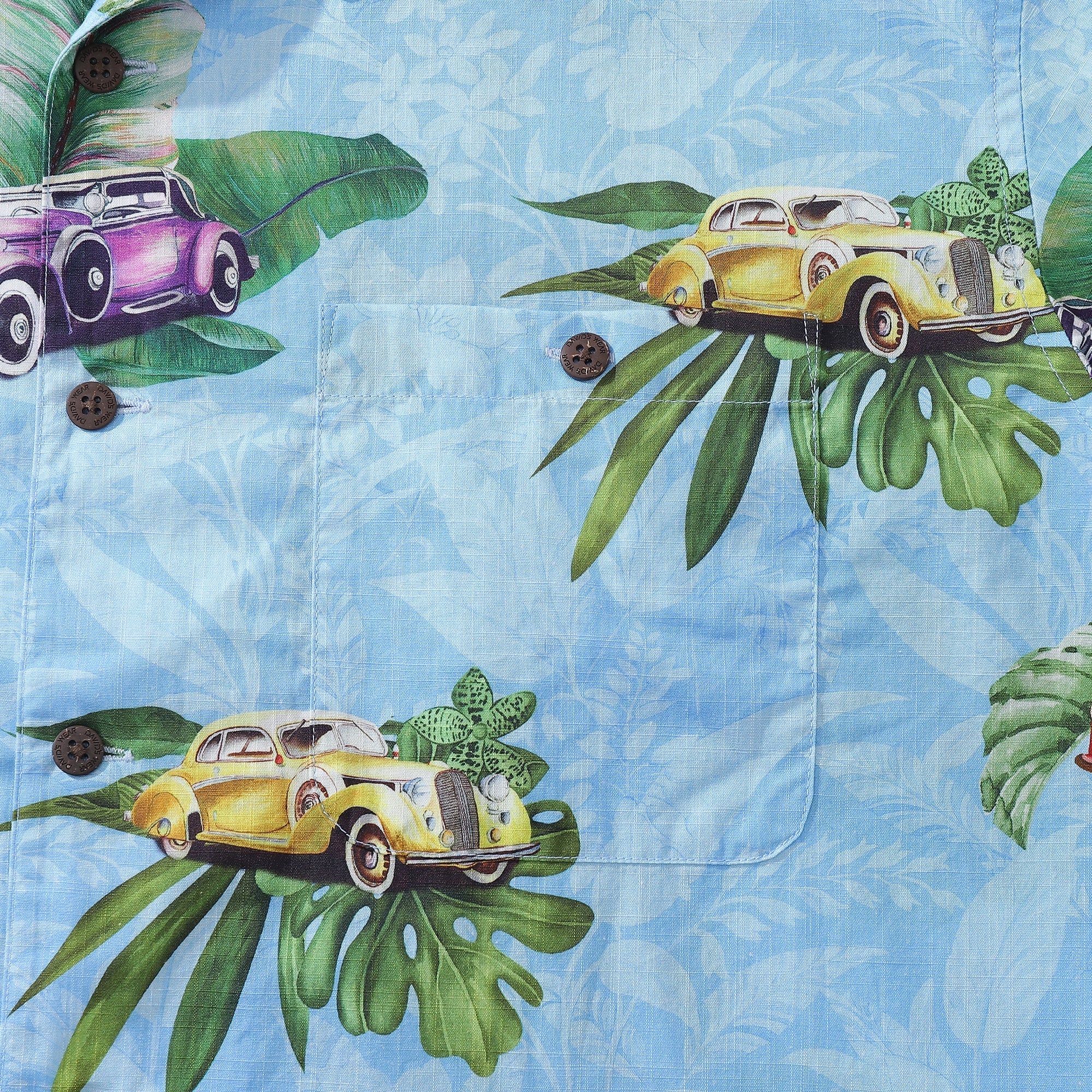 Hawaiian Shirt For Men Old-Fashioned Car Shirt Camp Collar 100% Cotton By Sylvia