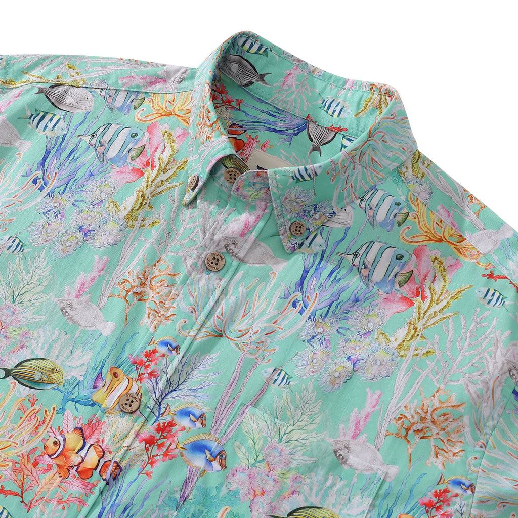 Men's Hawaiian Shirt Blue Sea Amusement Park Cotton Button-down Short Sleeve Aloha Shirt By Sylvia