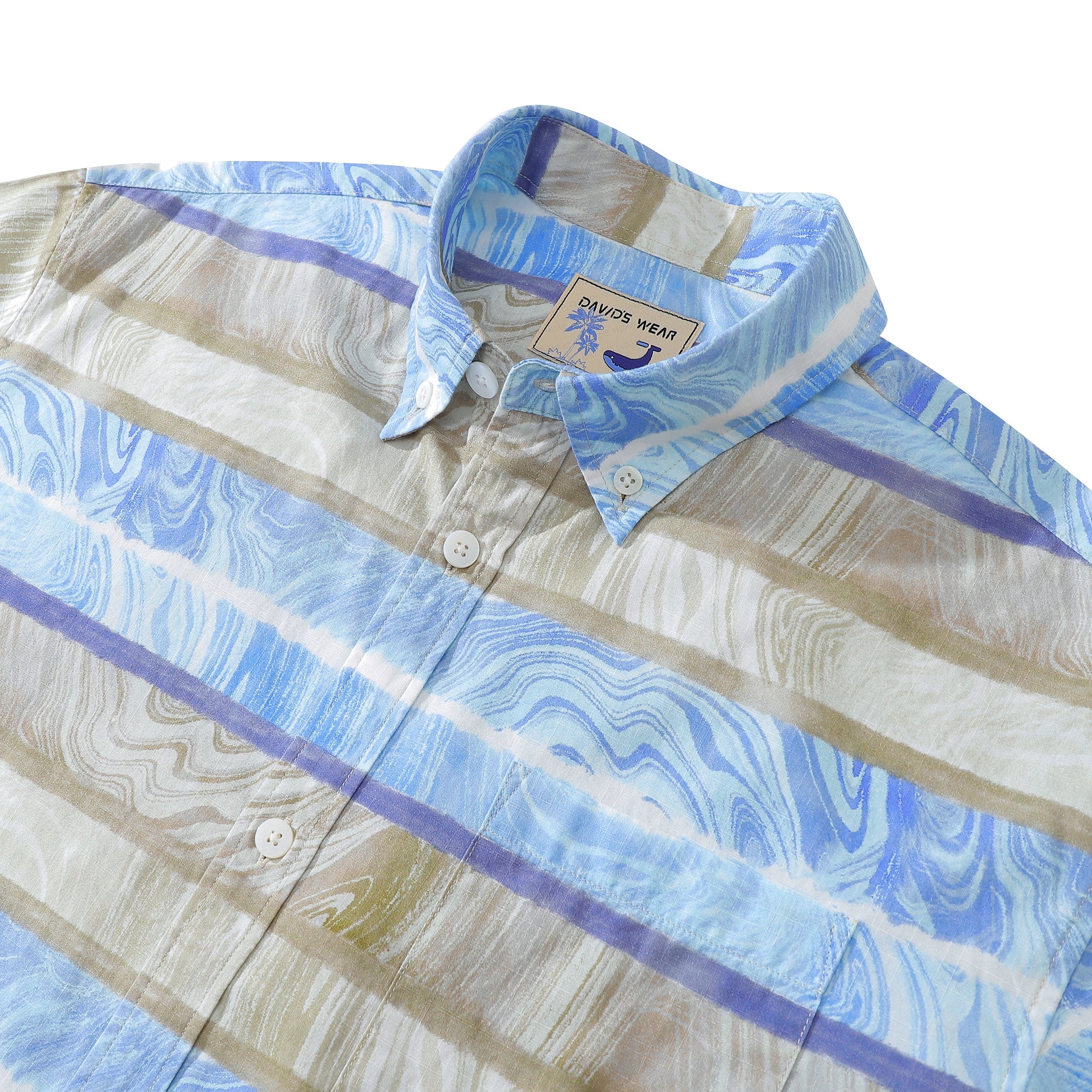Men's Horizontal Stripe Shirt Blue Waves Print Casual Short Sleeve Button Down By Sylvia