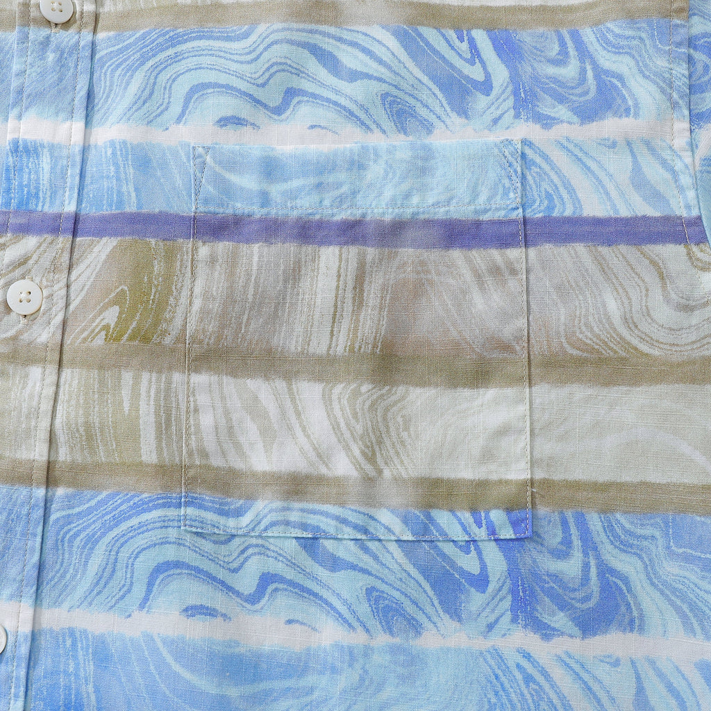 Men's Horizontal Stripe Shirt Blue Waves Print Casual Short Sleeve Button Down By Sylvia