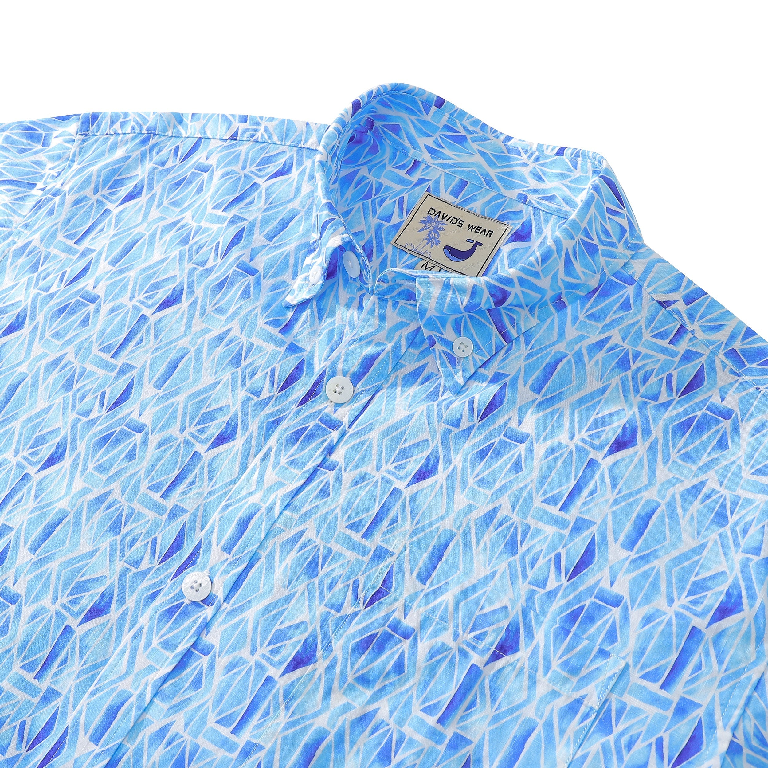 Men's Short Sleeve Shirt Men Hawaii Blue Geometry Print Cotton Button Down By Amy