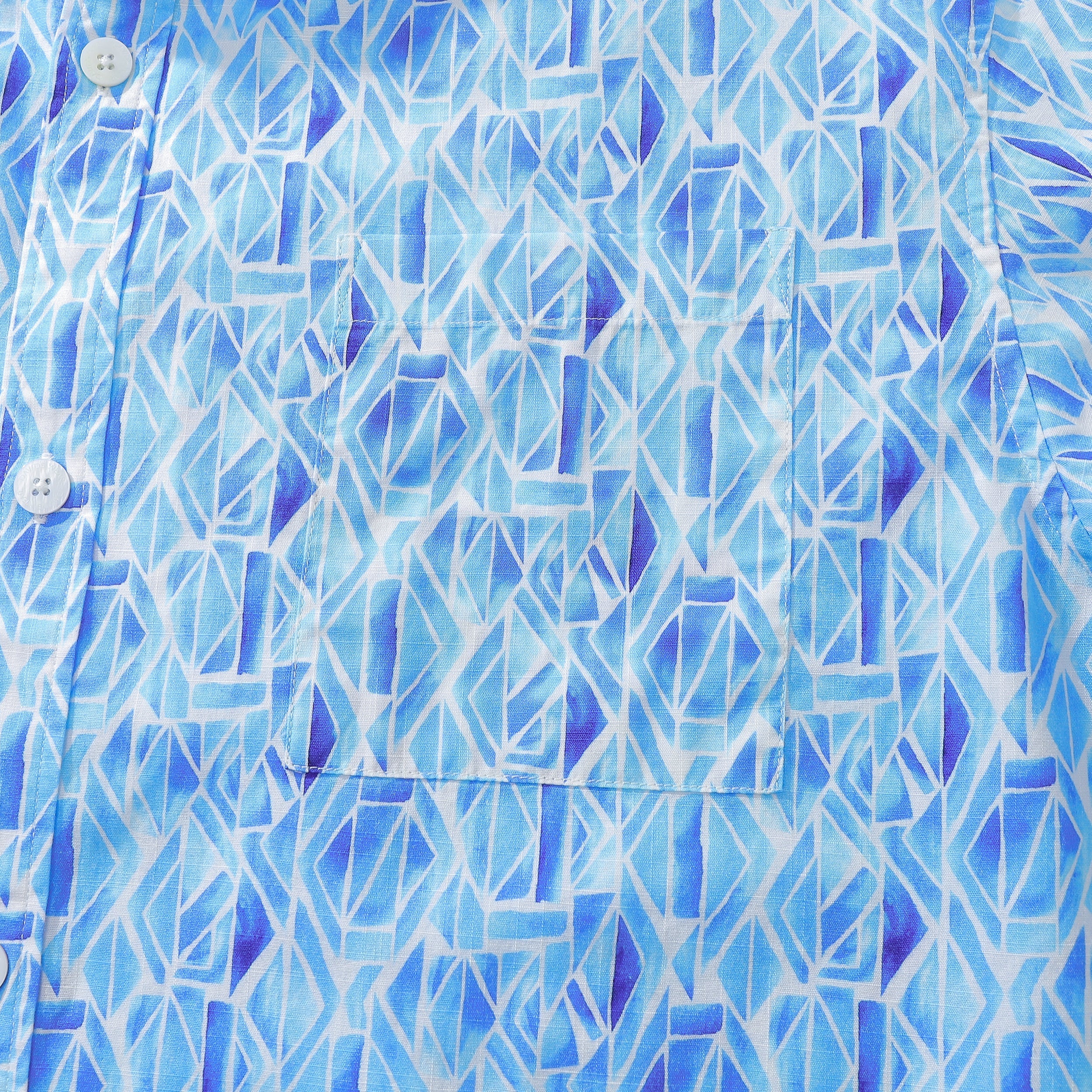 Men's Short Sleeve Shirt Men Hawaii Blue Geometry Print Cotton Button Down By Amy