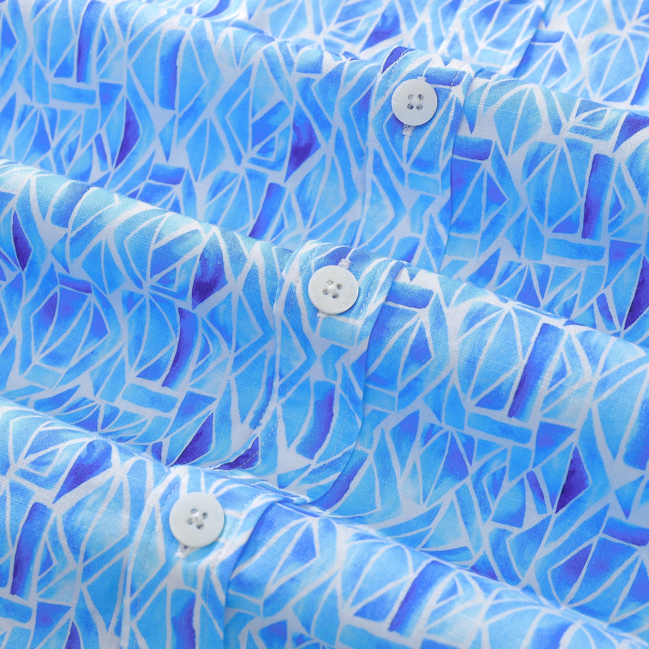 Men's Short Sleeve Shirt Men Hawaii Blue Geometry Print Cotton Button Down By Amy