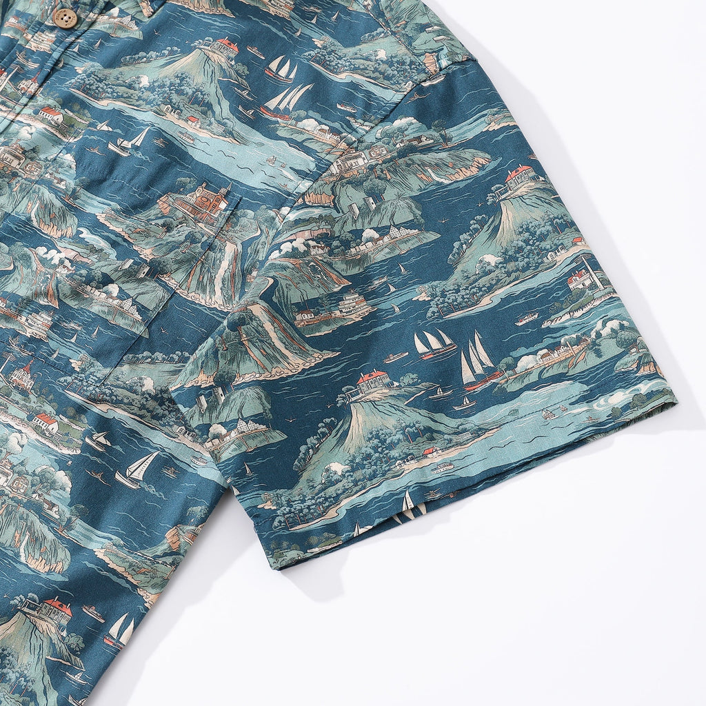 Men's Hawaiian Shirt Azure Dreams Print Cotton Button-down Short Sleeve Aloha Shirt By Amy