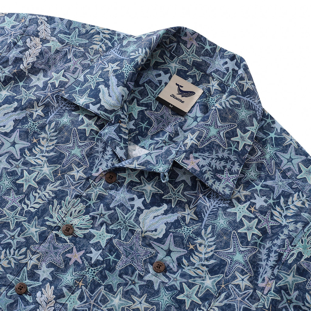 Hawaiian Shirt For Men Sea Stars and Coral Shirt Camp Collar 100% Cotton By Sherry