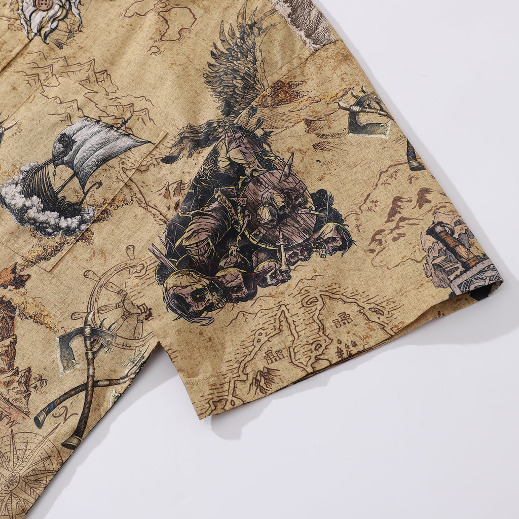 Men's Hawaiian Shirt Swashbucklers' Quest Cotton Button-down Short Sleeve Aloha Shirt By Sherry
