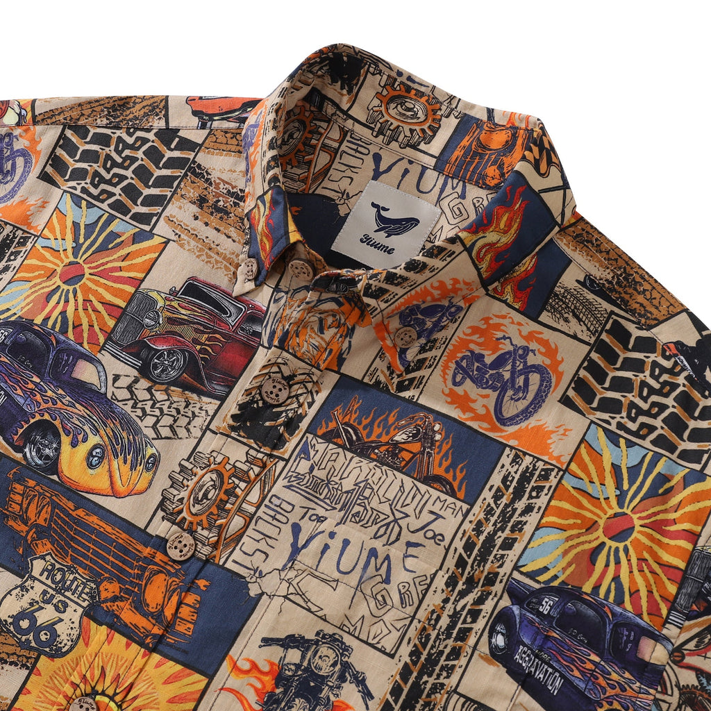 Men's Hawaiian Shirt Fire and Racing Cotton Button-down Short Sleeve Aloha Shirt By Sherry