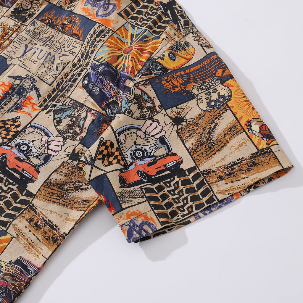 Men's Hawaiian Shirt Fire and Racing Cotton Button-down Short Sleeve Aloha Shirt By Sherry
