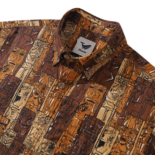 1940s Hawaiian Shirt For Men TIKI Print Cotton Button Down Short Sleeve Aloha Shirt By Sun
