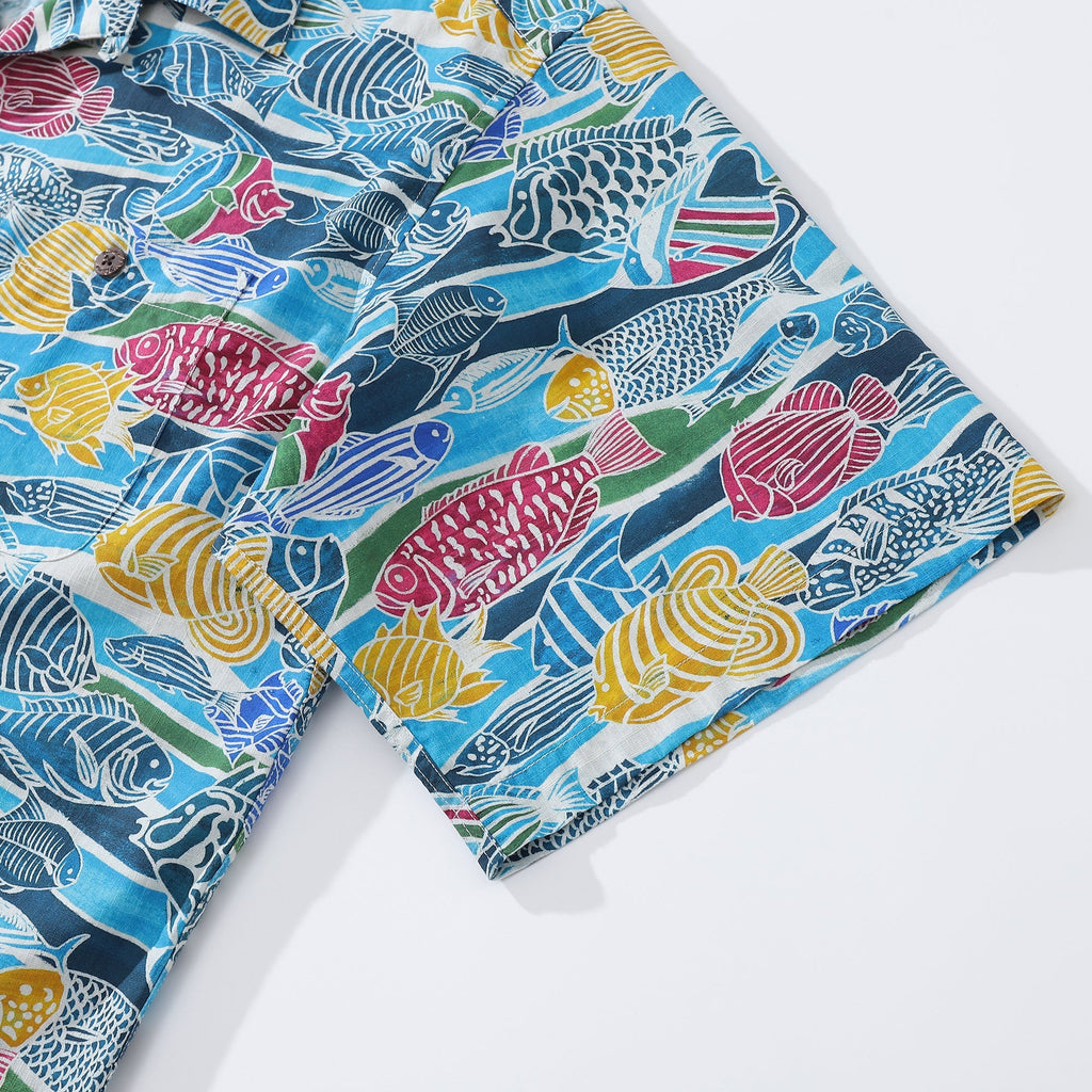 Hawaiian Shirt For Men Colored Fish Shirt Camp Collar 100% Cotton By Amy