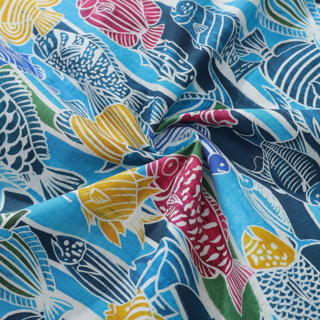 Hawaiian Shirt For Men Colored Fish Shirt Camp Collar 100% Cotton By Amy