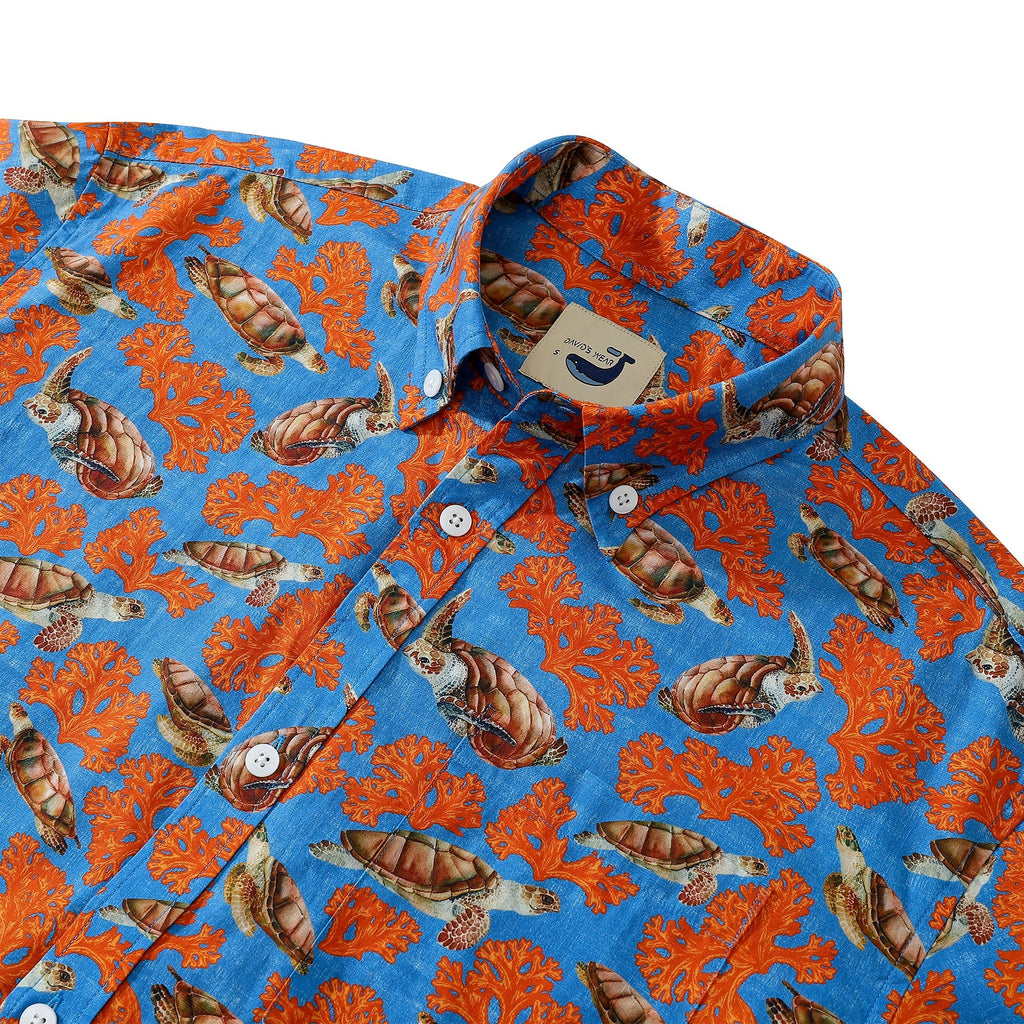 Sea Turtles And Coral Light Blue Men's Button-down Shirt 100% Cotton By Amy