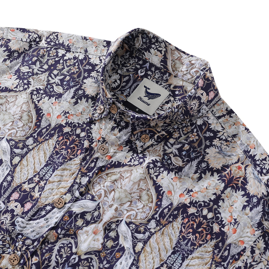 Men's Hawaiian Shirt The Garden of Serenity Cotton Button-down Short Sleeve 1940s Vintage Shirt By Sylvia