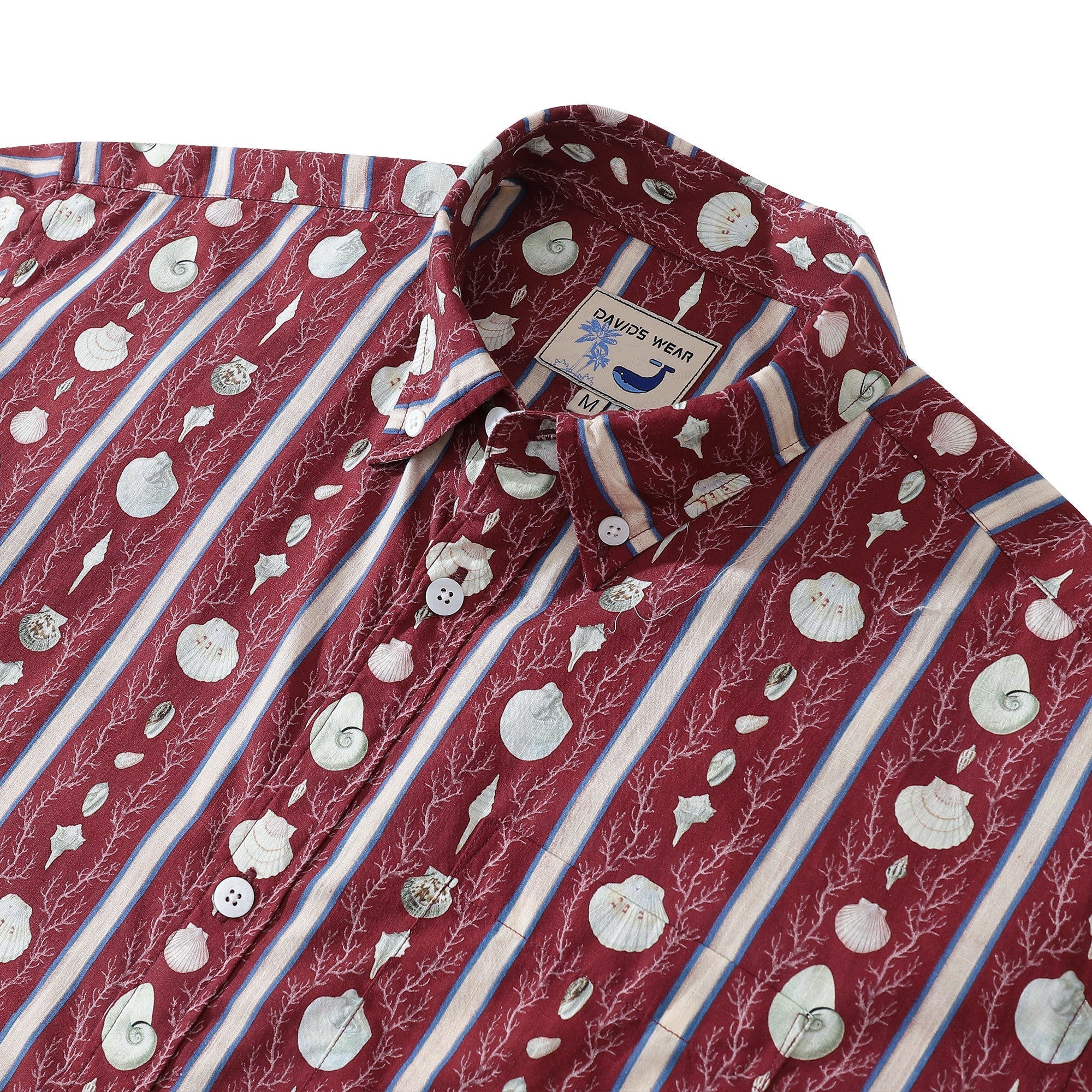 Hawaiian Shirt For Men Red Vintage Cotton Shirt Vertical Striped Shell Short Sleeve By Amy