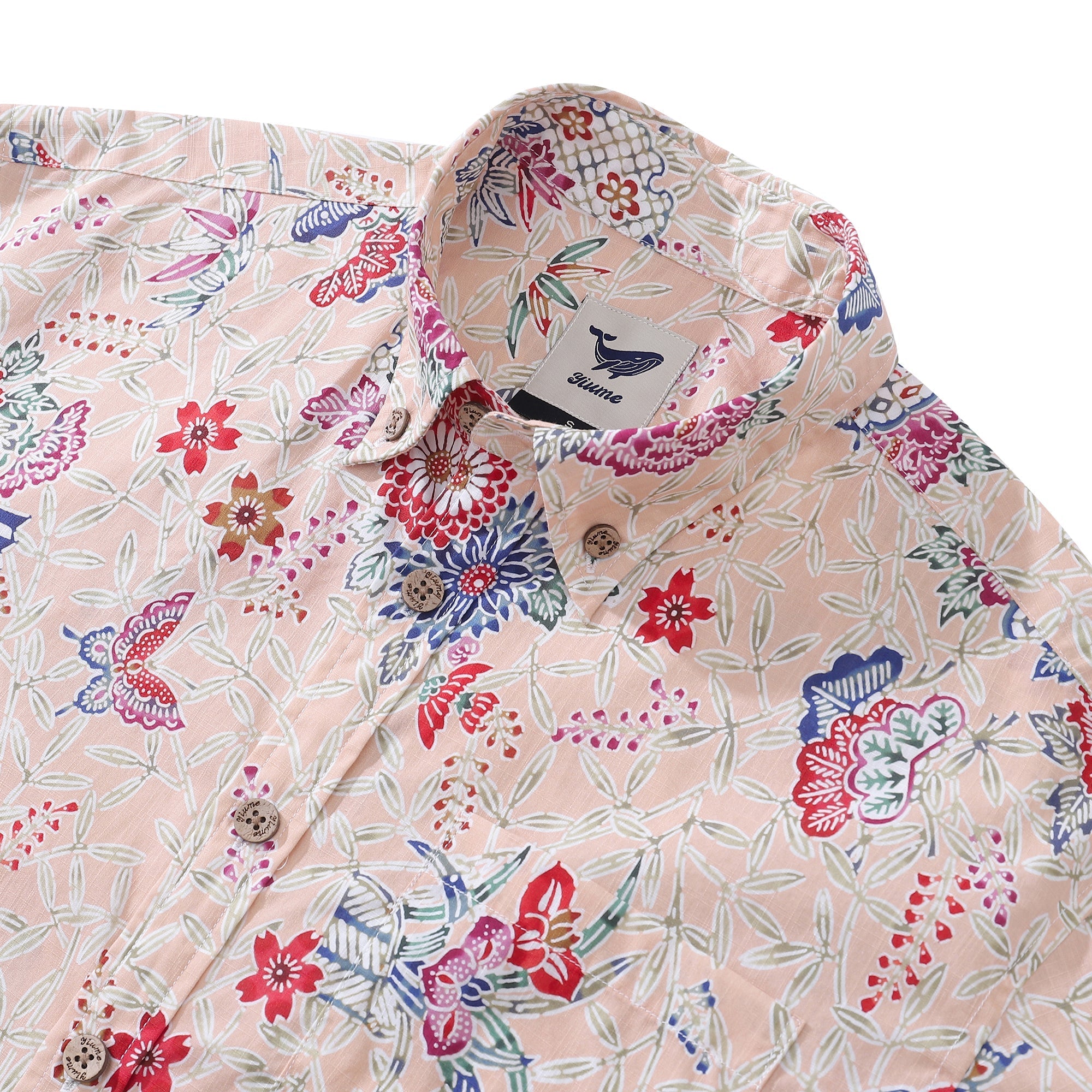 Men's Hawaiian Shirt Blossoms and Butterflies Print Cotton Button-down Short Sleeve Aloha Shirt By Amy