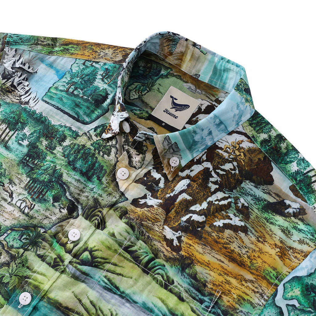 Men's Hawaiian Shirt 1950s Vintage Map Print Cotton Button-down Short Sleeve Aloha Shirt By Sylvia