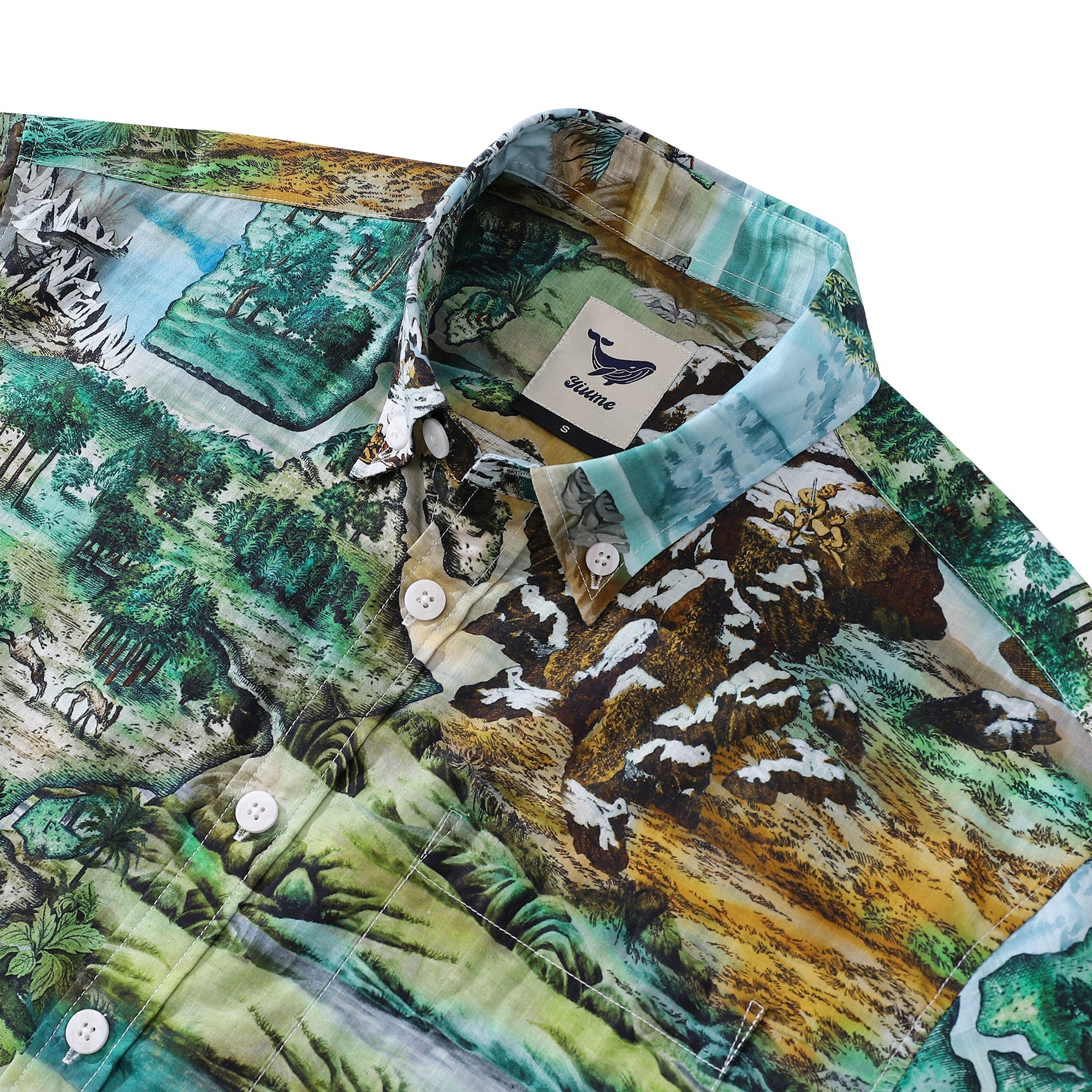 Men's Hawaiian Shirt 1950s Vintage Map Print Cotton Button-down Short Sleeve Aloha Shirt By Sylvia