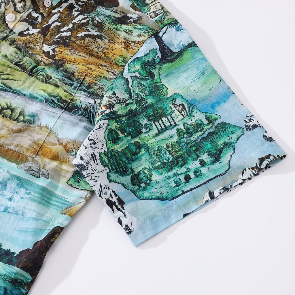 Men's Hawaiian Shirt 1950s Vintage Map Print Cotton Button-down Short Sleeve Aloha Shirt By Sylvia