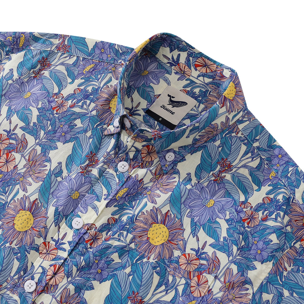 Men's Hawaiian Shirt Flower Sea Print Cotton Button-down Short Sleeve Aloha Shirt By Amy