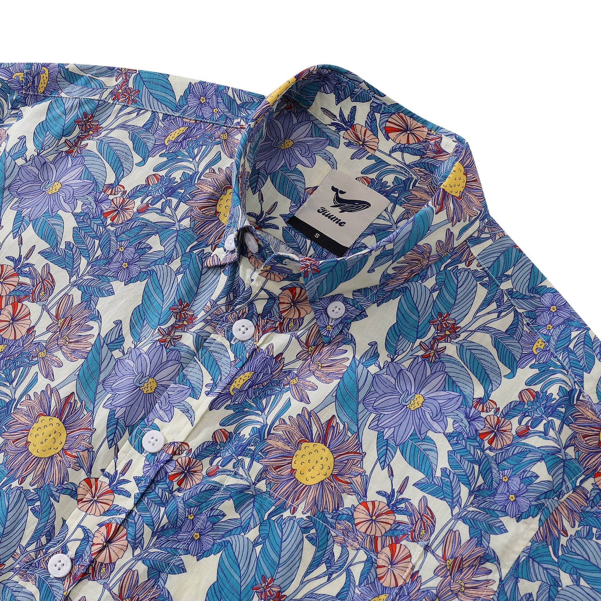 Men's Hawaiian Shirt Flower Sea Print Cotton Button-down Short Sleeve Aloha Shirt By Amy