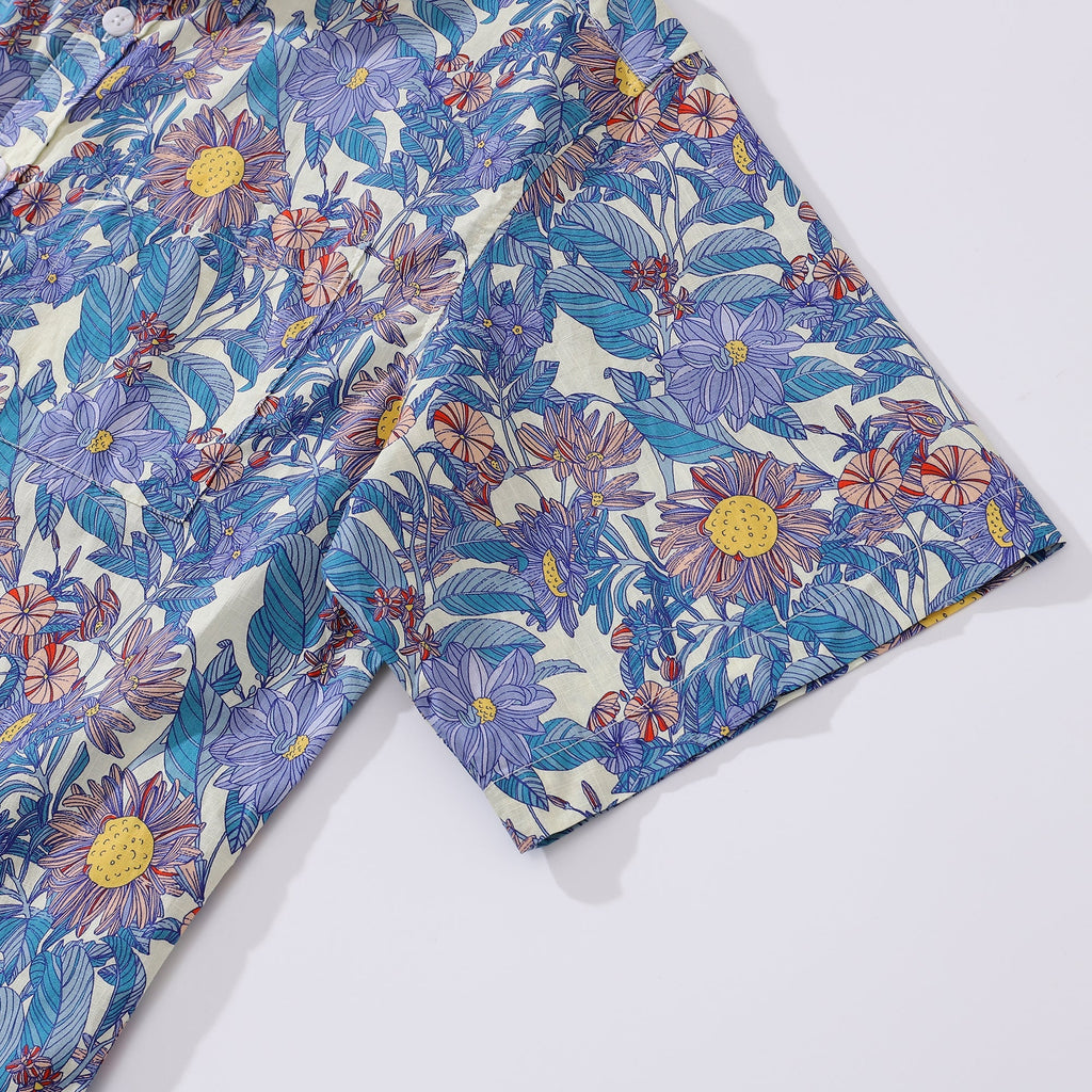 Men's Hawaiian Shirt Flower Sea Print Cotton Button-down Short Sleeve Aloha Shirt By Amy