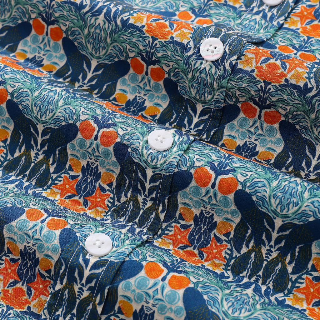Men's Hawaiian Shirt Under The Sea World Print By Sara Cotton Button-down Short Sleeve Aloha Shirt
