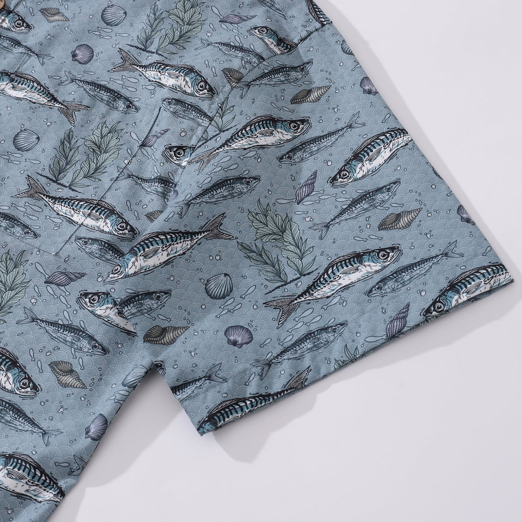 Fish Shirt For Men Gray Hawaiian Shirt Cotton Button-down Short Sleeve Aloha Shirt By Sun