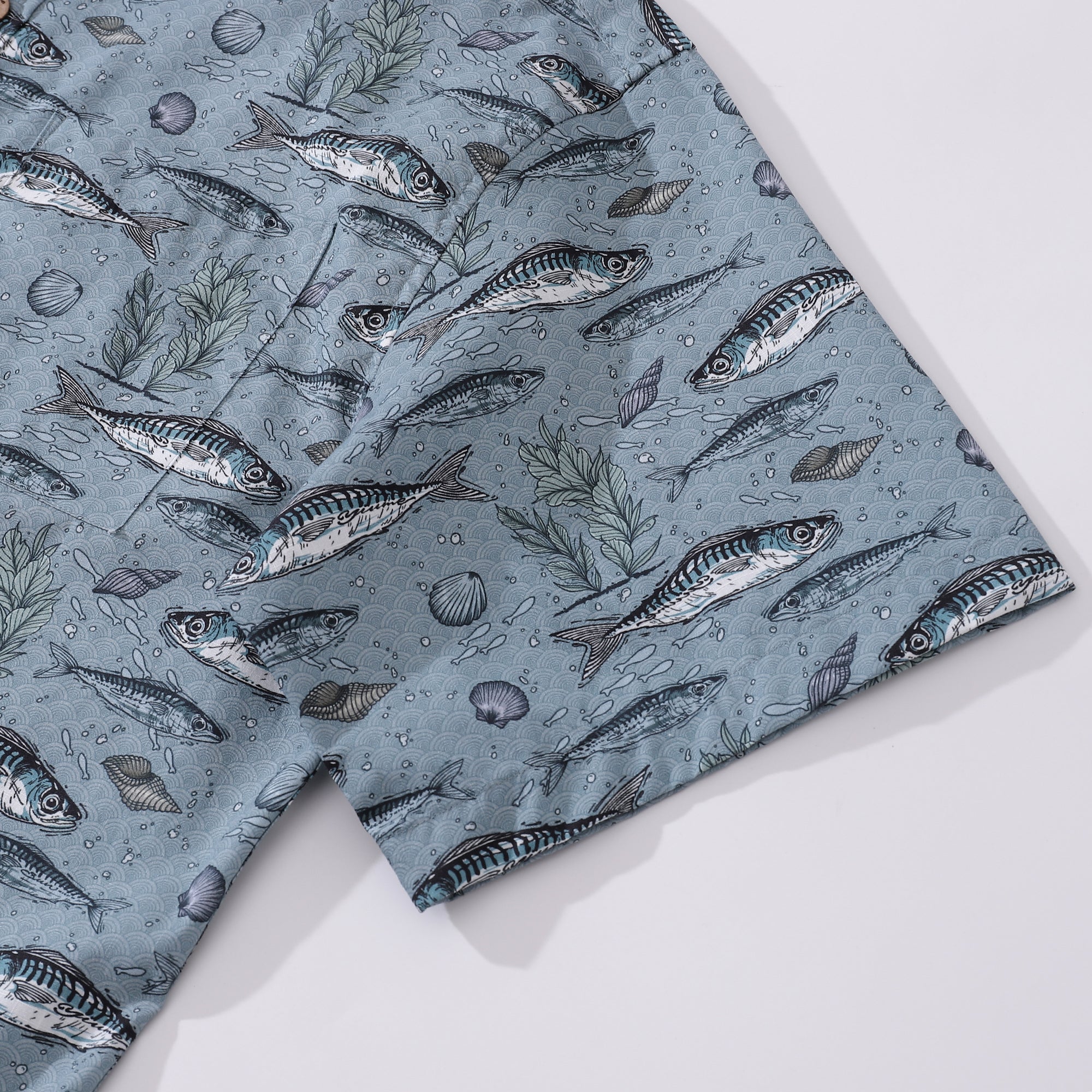 Fish Shirt For Men Gray Hawaiian Shirt Cotton Button-down Short Sleeve Aloha Shirt By Sun