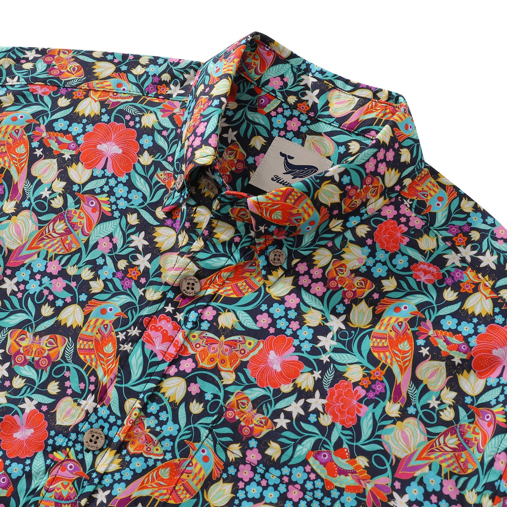 Men's Hawaiian Shirt Magic Garden Birds By Car Pintos Print Cotton Button-down Short Sleeve Aloha Shirt