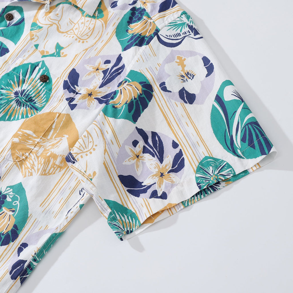 Striped Base Fabric with Vintage Tropical Flower Print Short-Sleeved Hawaiian Shirt By Evan