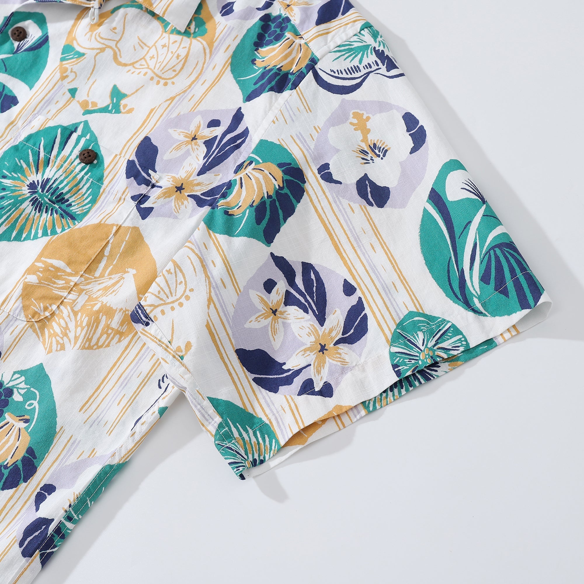 Striped Base Fabric with Vintage Tropical Flower Print Short-Sleeved Hawaiian Shirt By Evan